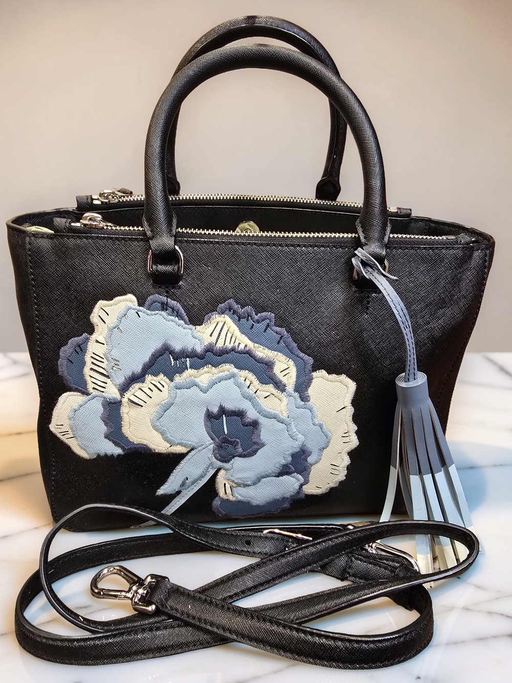 Tory Burch Robinson Floral Appliqué Satchel Tote Crossbody Bag - EUC